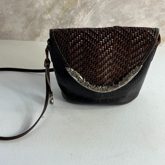 Brighton Crossbody Bag Woven Croc Embossed Brown Leather Metal Detail on Flap - Picture 1 of 16